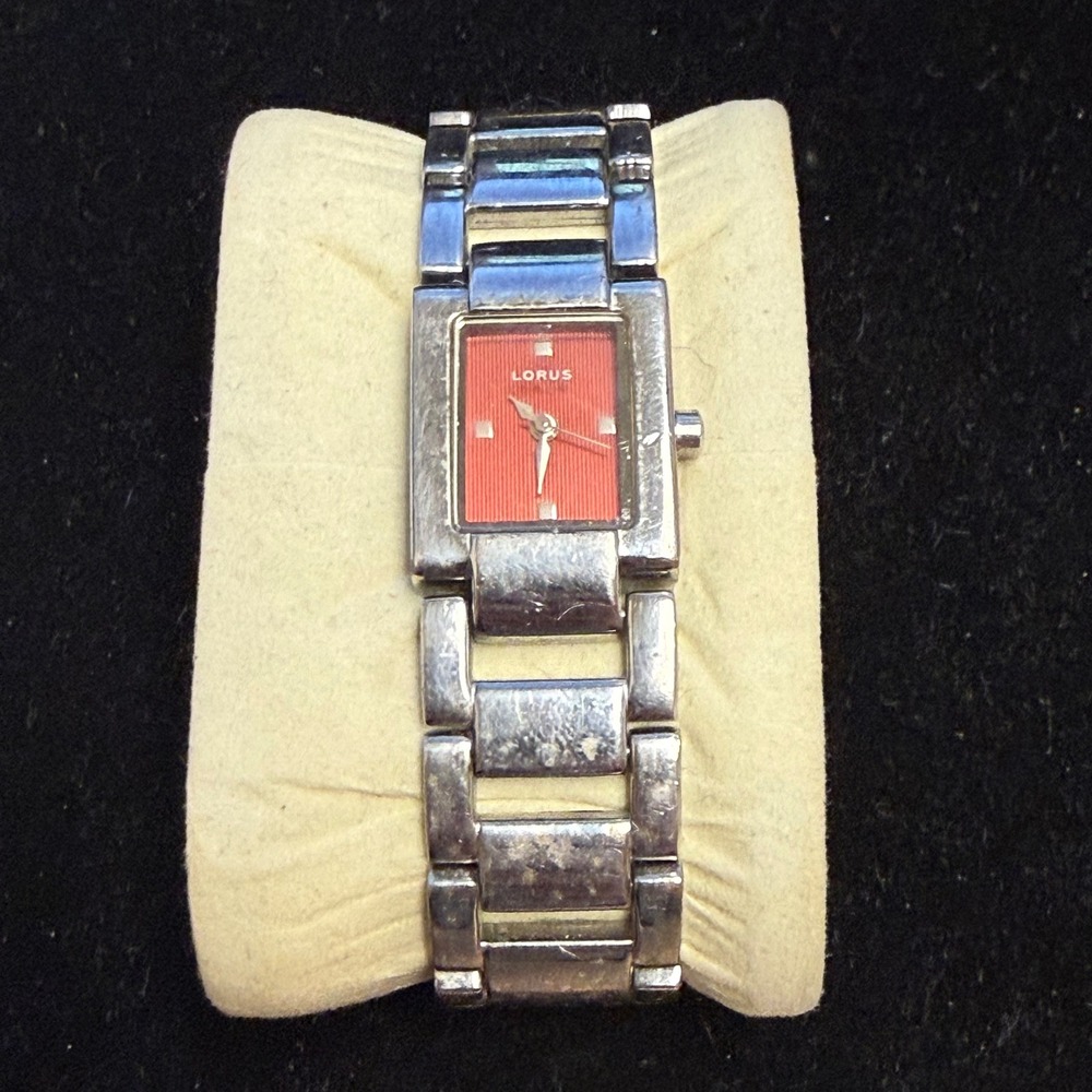 Lorus Womens Watch Silver Tone Rectangle Case Red Textured Dial Japan Movt Works